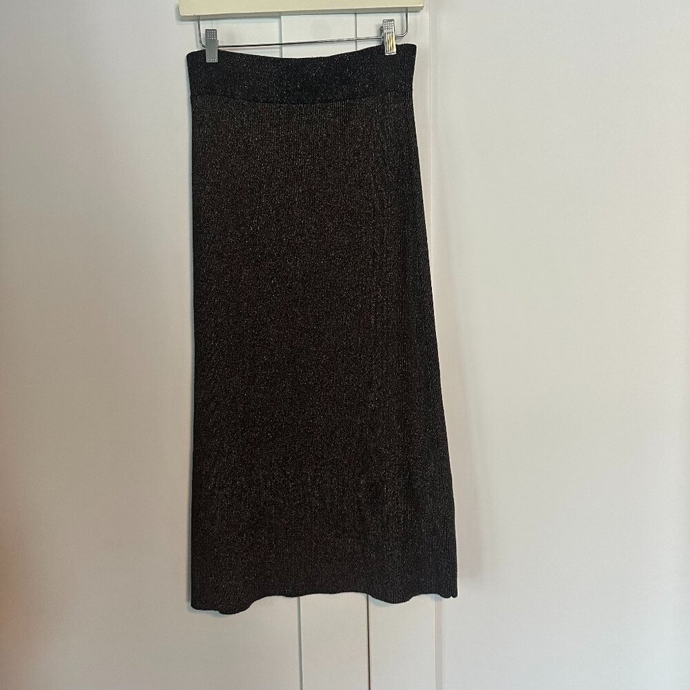 A.L.C. Black / Gold metallic knit midi skirt, elastic waist, Small